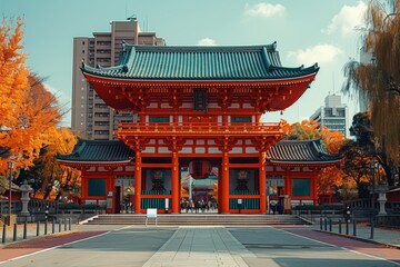 Fototapeta premium A vibrant autumn scene features a stunning traditional Japanese shrine gate with bright red-orange foliage and modern city buildings in the background
