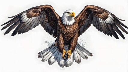 Obraz premium A detailed illustration of an eagle with its wings fully spread, showcasing the bird's power and grace