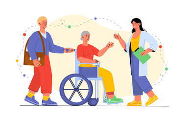 Doctor with patient at wheelchair. Woman in medical uniform helps old lady. Diagnosis and treatment, health care. Hospital occupation. Cartoon flat vector illustration