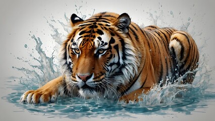 Obraz premium An intricately detailed digital painting of a tiger moving through water, creating splashes