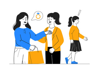Woman with envy. Young girl looks with loathing at her friends gold ring with diamond. Negative feelings and emotions. Jealous person. Linear flat vector illustration