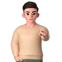 Portrait of half body man  character pointing to the  top front with left hand, 3D Character Illustration.