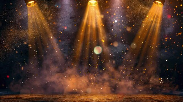 A stage with yellow spotlights shining down, creating an atmosphere of mystery and elegance. The background is a dark black, creating depth. There is some smoke floating in the air, adding to its myst