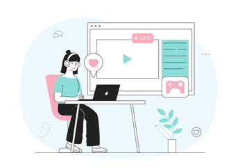 Game streamer woman. Young girl with laptop plays games and streams online. Popular blogger cybersports man. Console and pc, laptop. Linear flat vector illustration