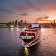 Obraz premium ship, cargo, container, sea, shipping, transportation, boat, transport, port, freight, harbor, ocean, industry, water, export, vessel, industrial, container ship, logistics, crane, business, carrier, 