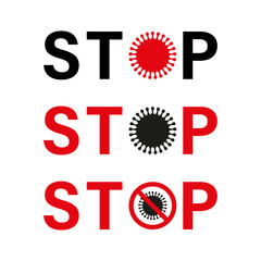 Stop virus icons. Text with virus symbol. Red and black vector. Prohibition sign.