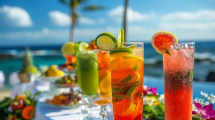 Obraz premium The mesmerizing colors of the fruity drinks match the stunning ocean backdrop of the event.