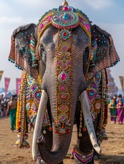 An elephant decorated with flowers for a parade honoring the peaceful animal. 