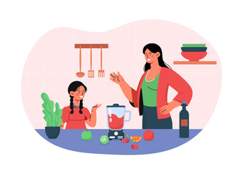 Family make smoothies. Mother and daughter stand by blender with vegetables and fruits. Natural and organic product, diet with vitamins. Cartoon flat vector illustration