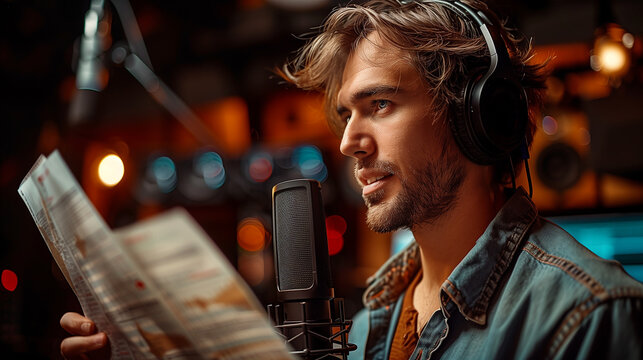 Male voice actor reading from script while recording voiceover in studio