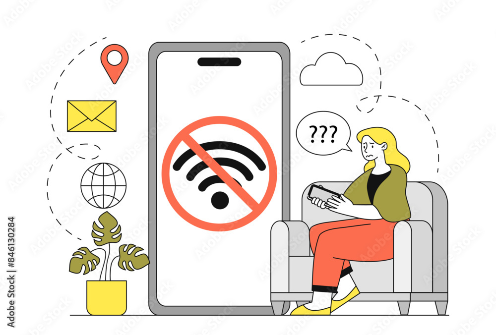 Poster no wifi signal concept. sad woman sitting near smartphone with poor internet connection. young girl 