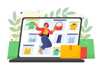 Online shopping woman. Girl near laptop ordering bags and clothes. Electronic commerce and marketing, home delivery. Fashion and style, trend. Cartoon flat vector illustration