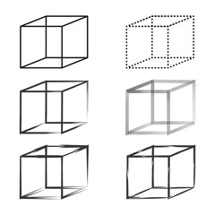 Cube vector icons. Geometric 3D shapes. Abstract sketch designs. Simple black outlines.