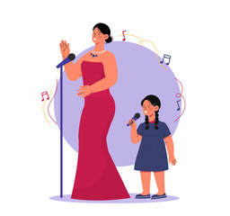 Singers performs concept. Woman in red dress and girl perform on stage. Vocalists with microphones at musical show. Talented musicians. Cartoon flat vector illustration