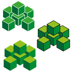Obraz premium Vector green isometric cubes set. 3D block structures collection. Geometric compositions design.