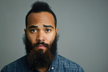 Obraz premium Bearded Mixed Race African American Asian Caucasian Man Isolated on a Gray Background Attractive Male Confident Stylish Ethnic Cultural Portrait Studio Photography