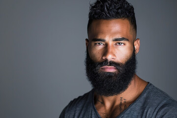 Obraz premium Bearded Mixed Race African American Asian Caucasian Man Isolated on a Gray Background Attractive Male Confident Stylish Ethnic Cultural Portrait Studio Photography
