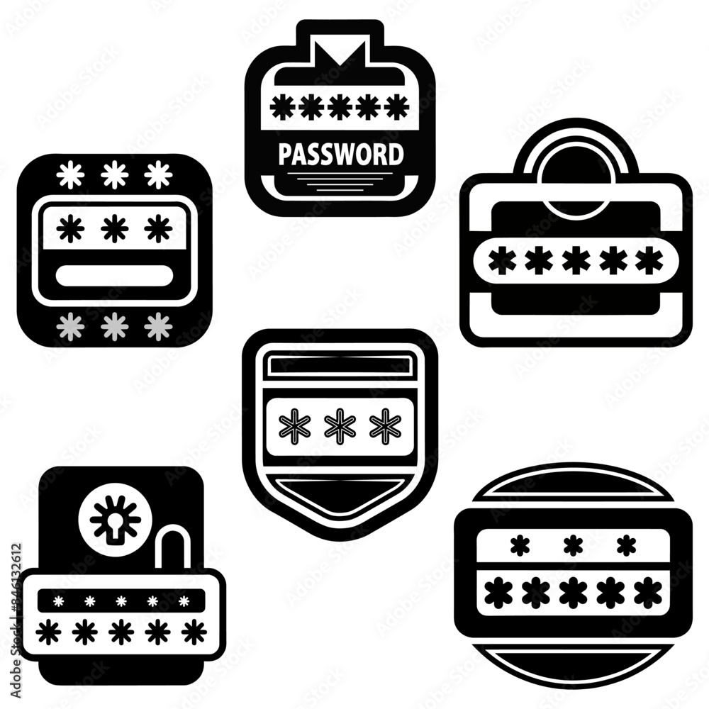 Poster password icons set. black vector designs. six different styles. secure login symbols.