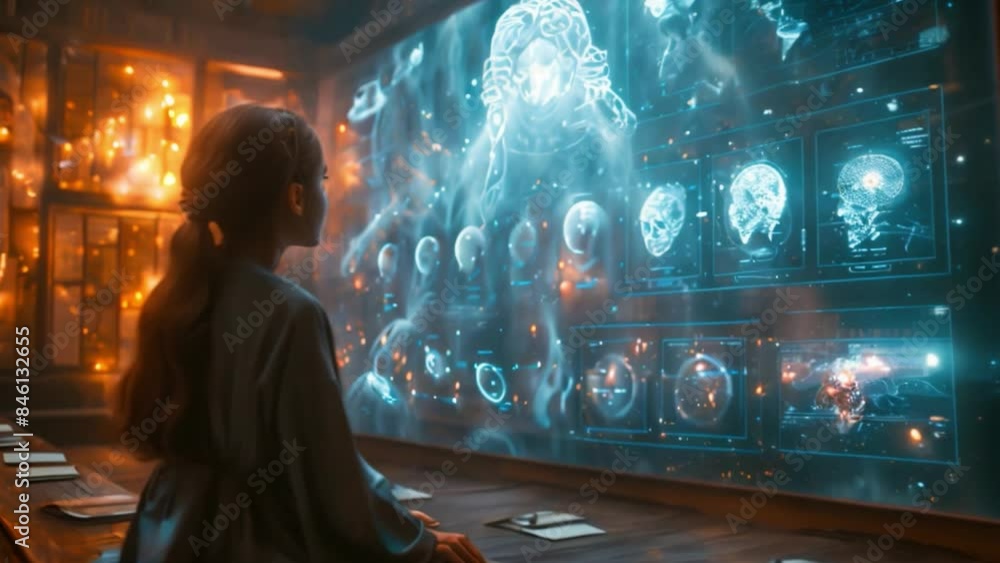 Poster a student gazes intently at a large, interactive holographic display in a modern classroom setting.