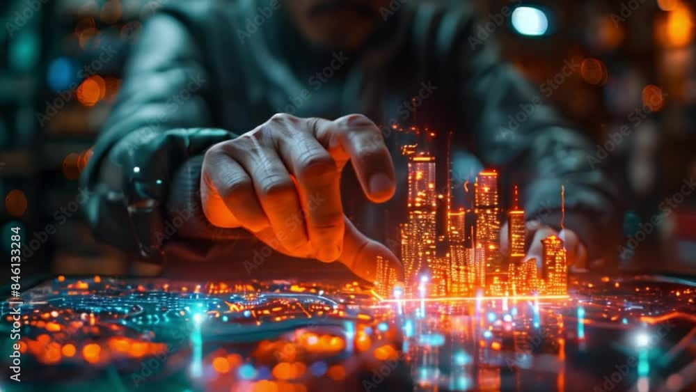 Poster a person uses their finger to interact with a holographic city map projected on a digital tablet. th