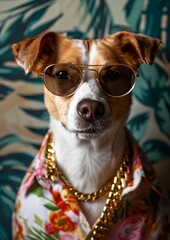 dog in sunglass and Hawaiin shirt 
