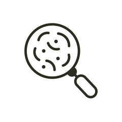 Bacterial microorganisms checking under magnifier loupe outline icon. Find microbes vector icon. Contaminated object illustration image