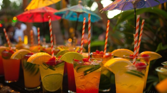 Vibrant umbrellas adorn the fruity drinks adding to the tropical atmosphere of the event.
