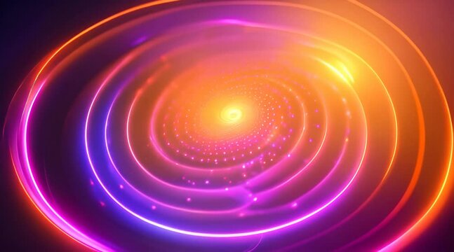 colorful light waves in the form of circles, glowing and pulsating. Each circle shimmers with rainbow hues, creating a mesmerizing dance