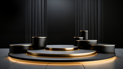 3D rendering of a black and gold stage display or podium for displaying products