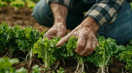 Fototapeta premium Farmer close-up holding and picking up green lettuce salad leaves with roots