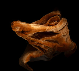 Brown gold wool fabric flying in curve shape, Piece of textile Brown gold wool fabric throw fall in air. Black background isolated, dark shading environment