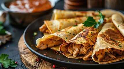 Thin pancakes filled with chicken meat and sauce on a table photographed up close