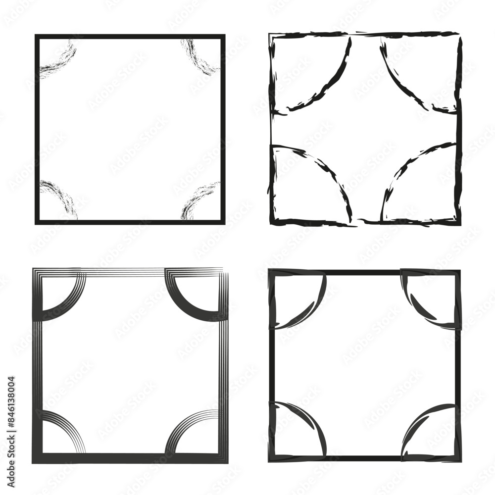 Poster decorative square frames. four black designs. abstract vector elements. modern geometric shapes.
