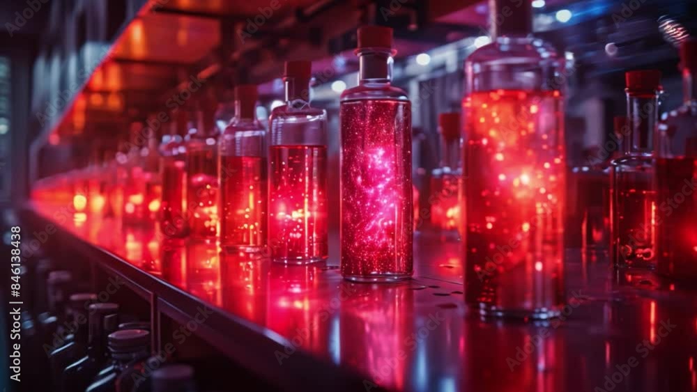 Aufkleber a close-up view of a row of glass bottles filled with holographic liquid, illuminated in a school la