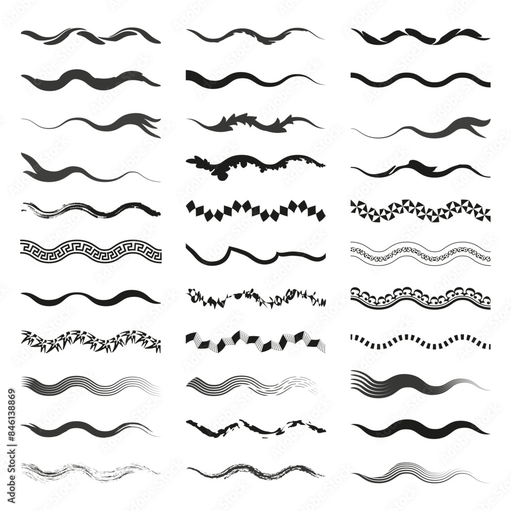 Poster twenty four wave patterns. different styles and designs. curved line elements. decorative vector set