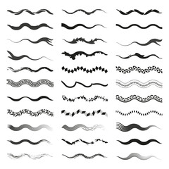 Twenty four wave patterns. Different styles and designs. Curved line elements. Decorative vector set.