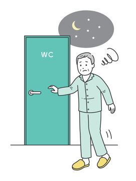 睡眠中に尿意を覚えトイレに行く夜間頻尿に悩む高齢男性のイラスト