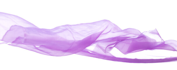 Purple Violet Organza fabric flying in curve shape, Piece of textile blue sky organza fabric throw fall in air. White background isolated motion blur