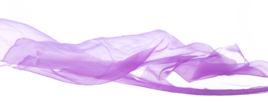 Purple Violet Organza fabric flying in curve shape, Piece of textile blue sky organza fabric throw fall in air. White background isolated motion blur