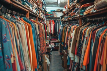 European secondhand. Store with clothes and books organized on shelves for customers