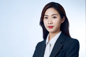 A woman in a business suit is standing in front of a white background