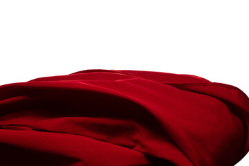 Red curtain fabric flying in curve shape, Piece of textile red curtain fabric throw fall in air. White background isolated, dark shading environment