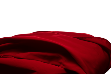 Red curtain fabric flying in curve shape, Piece of textile red curtain fabric throw fall in air. White background isolated, dark shading environment
