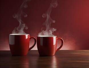 Two Steaming Red Coffee Mugs Against Red Backdrop with Dramatic Lighting Ideal for Cozy Cafes or Winter Beverage Promotions