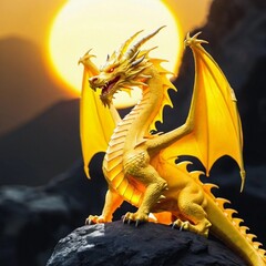 Yellow Dragon sitting on mountain- AI GENERATED