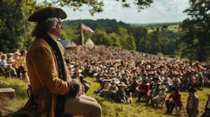 Historical reenactment of Independence Day event with actors in period costumes and captivated crowd.