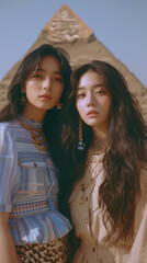 Obraz premium Elegant Duo Posing in Front of an Ancient Pyramid, Showcasing Modern Fashion Against a Historical Backdrop Under Clear Sky