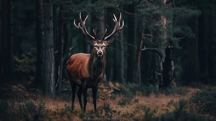Wild red deer in conifer forest looking to the camera Wildlife photography while deer rutting Dark forest atmosphere dry grass on the ground green and dry forest around him : Generative AI