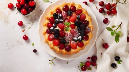 dough cake with berries for dessert cupcake sweet bread with cherries Homemade sponge cake or chiffon cake on white table Homemade bakery concept top view : Generative AI