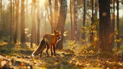 Obraz premium Fox at sunrise Red fox Vulpes vulpes hunting in green pine forest Hungry fox sniffs about food in moor Beautiful orange fur coat animal in natural habitat Wildlife summer nature Clever : Generative AI